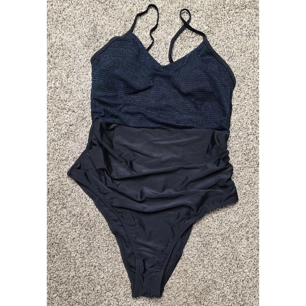 NWT Cupshe One Piece Swimsuit Size Medium Black Shimmer Greeen Slimming